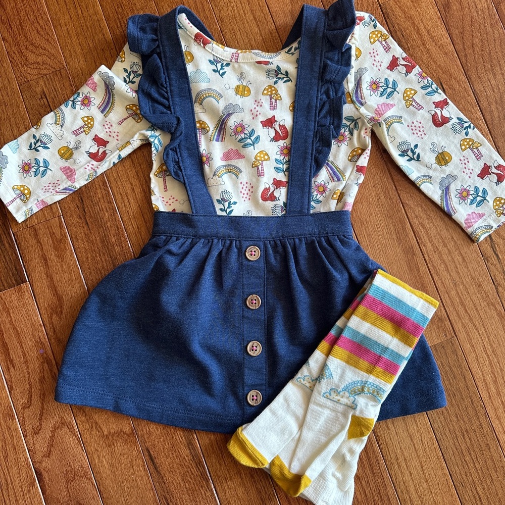 Toddler Girls Pinafore Set with Matching tights 12M NWOT
